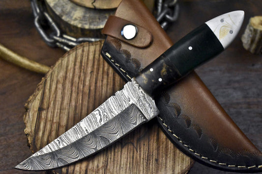Twist Damascus Skinner Knife with Corain Handle and Micarta Bolster – Handmade EDC Fixed Blade