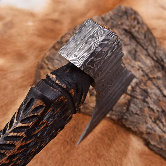 Custom Hand Forged Damascus Steel Viking Bearded Camping Hatchet Tomahawk Axe with Ash Wood Handle and Leather Sheath