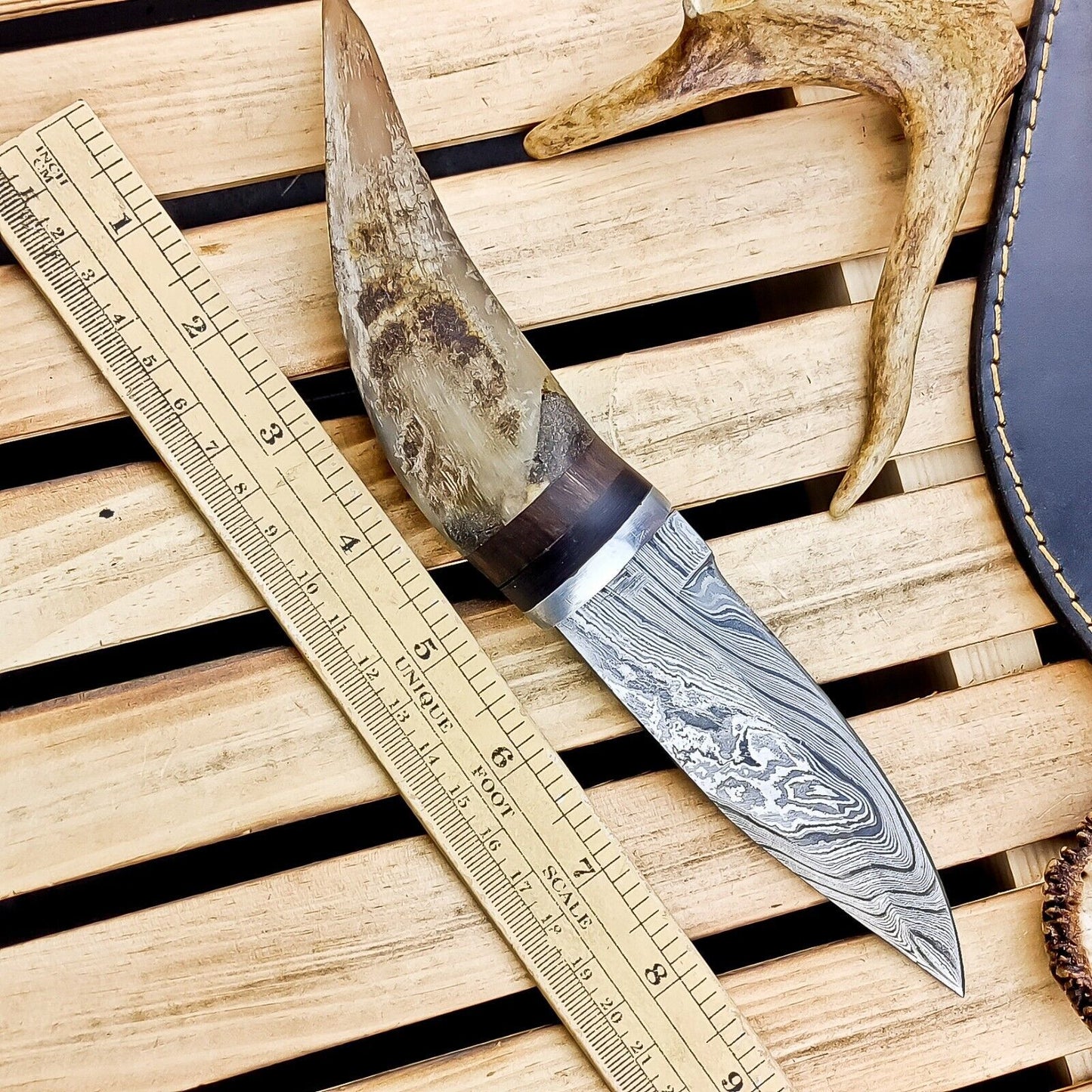 8.5" Hand Forged Damascus Bowie Knife | Ram Horn Handle