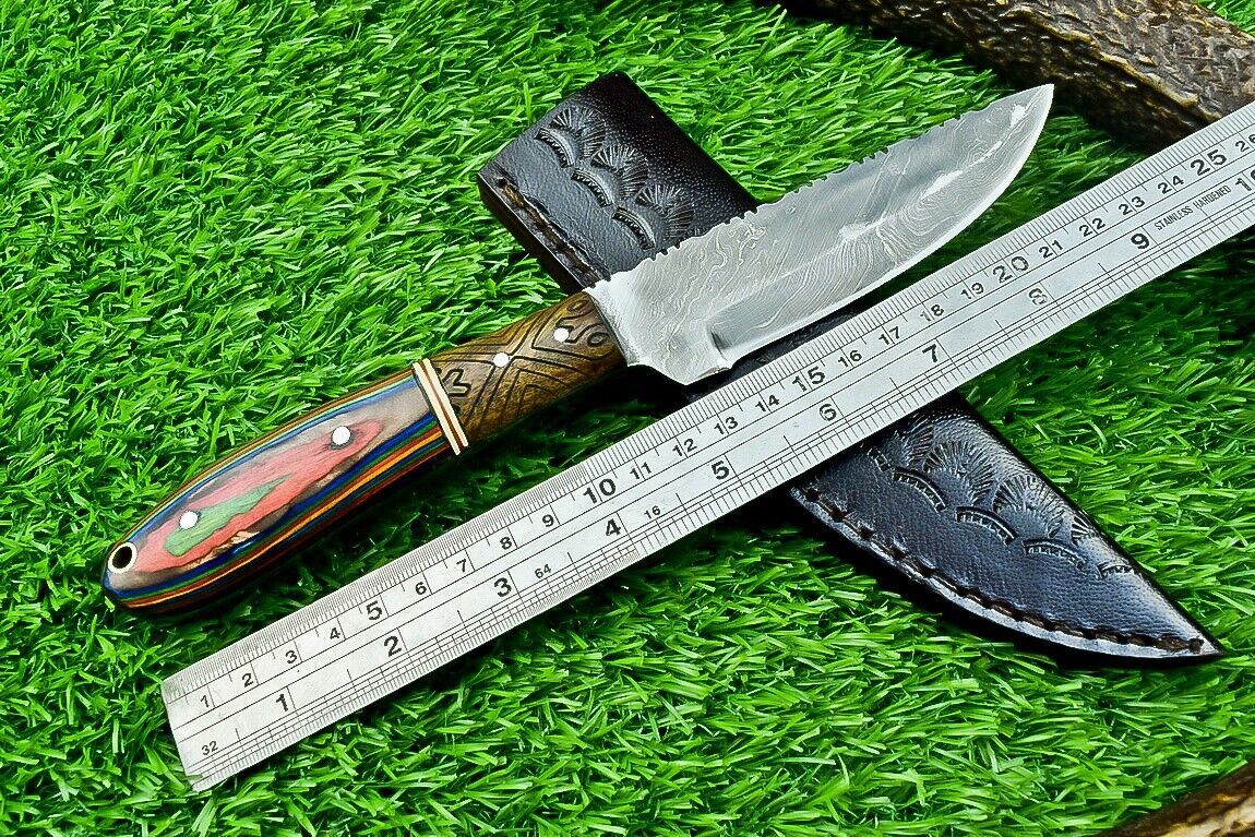 9" Full Tang Damascus Bowie Hunting Knife with Hardwood Handle – Custom Forged Blade