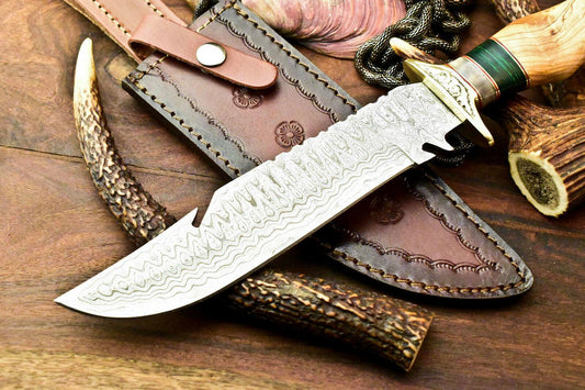 13" Handmade Damascus Bowie Hunting Knife with Olive Wood Handle