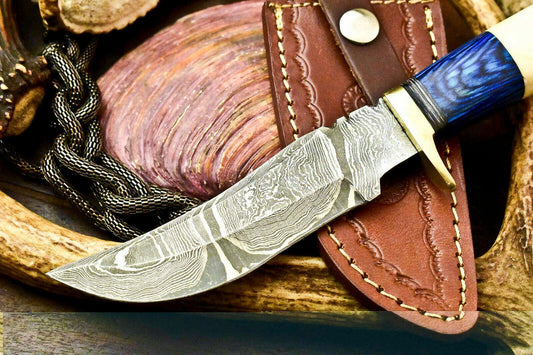 10" Handmade Damascus Bowie Knife | Camel Bone Handle with Leather Sheath