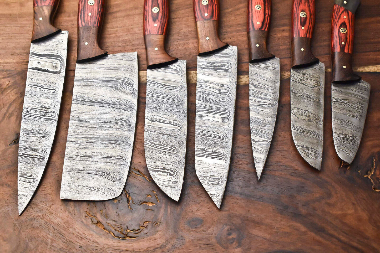 Custom Lot of 7 Handmade Hammered Damascus Steel Blade Full Tang Chef Knife Set – 384 Layers