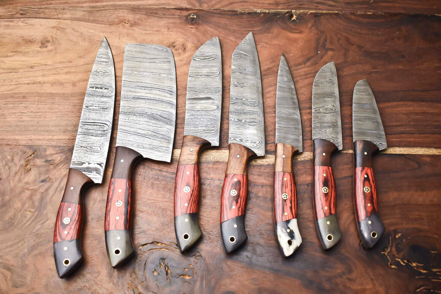 Custom Lot of 7 Handmade Hammered Damascus Steel Blade Full Tang Chef Knife Set – 384 Layers