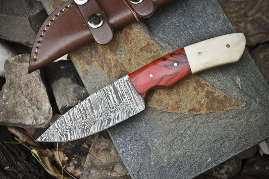 8.0" Handmade Twist Damascus Skinner Knife with Mixed Material Handle – Outdoor Gift