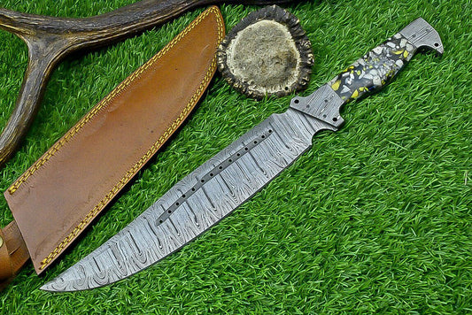 16 Inch Custom Forged Damascus Bowie Knife with Resin Handle and Damascus Bolster