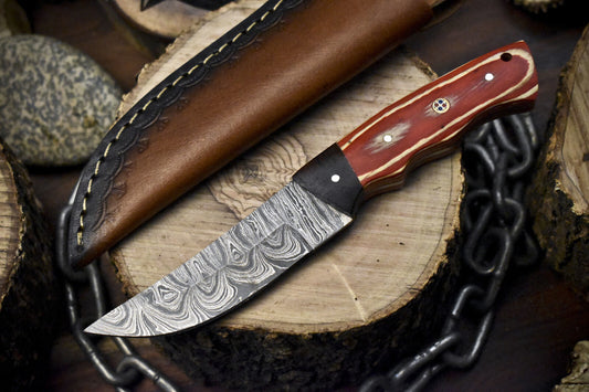 Twist Damascus Skinner Knife with Hardwood Handle and Wooden Bolster – Unique EDC Blade