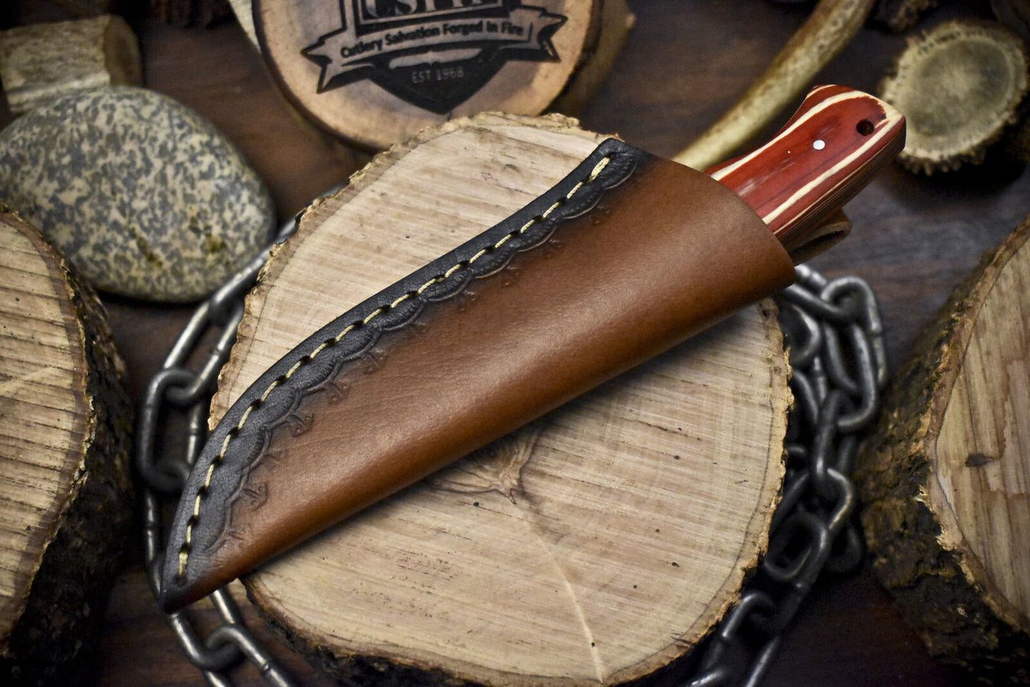 Twist Damascus Skinner Knife with Hardwood Handle and Wooden Bolster – Unique EDC Blade