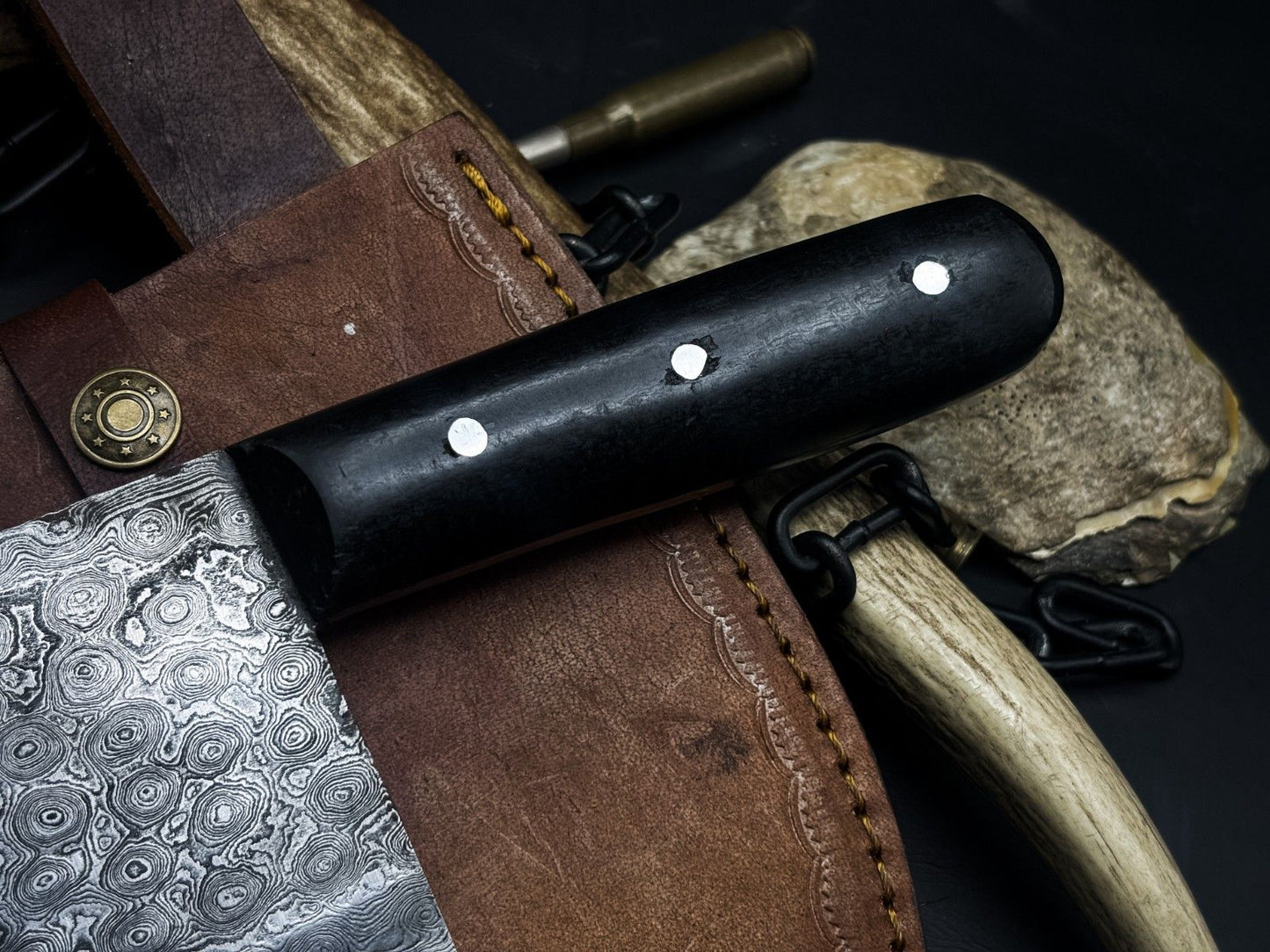 Handmade Damascus Steel Kitchen Chef Cleaver – Full Tang EDC Knife with Wood Handle & Leather Cow Sheath