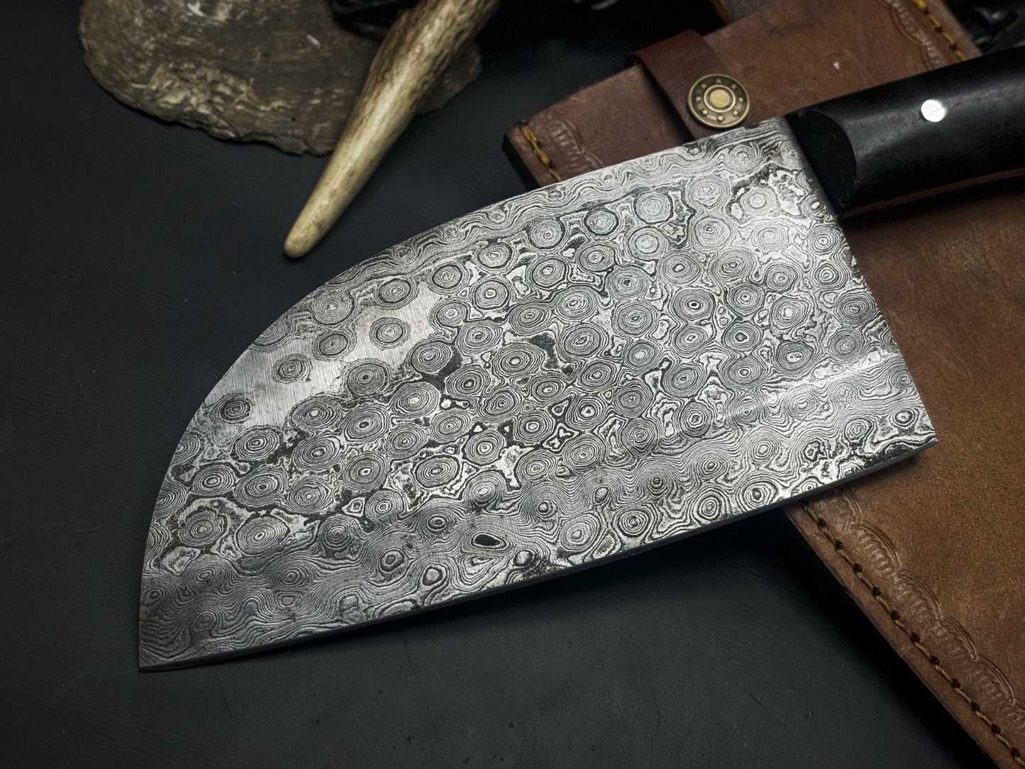 Handmade Damascus Steel Kitchen Chef Cleaver – Full Tang EDC Knife with Wood Handle & Leather Cow Sheath