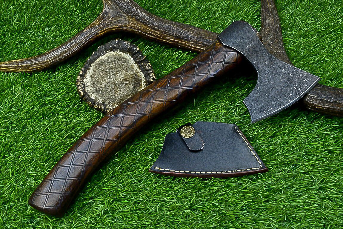 Handcrafted Viking Tomahawk Axe – Carbon Steel Blade with Rose Wood Handle and Leather Sheath, 12 Inch