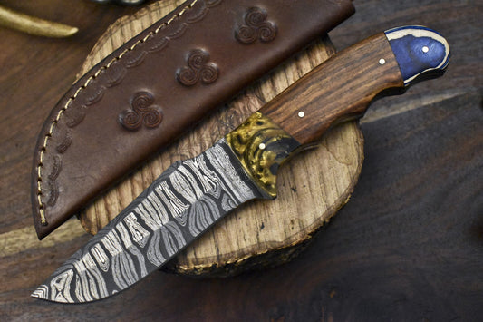 9.5 in Twist Damascus Skinner Knife Walnut Wood Handle for Hunting and Camping
