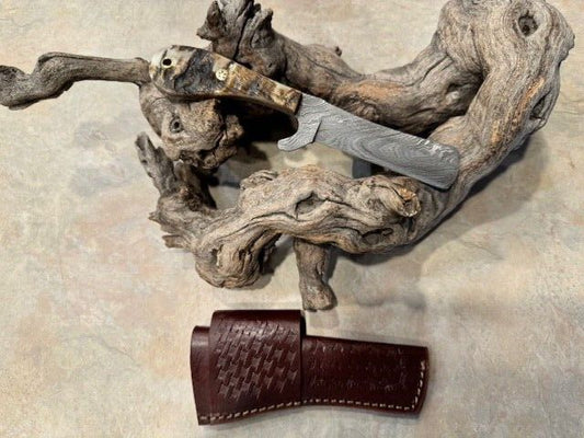 HandForge 8" Damascus Steel Bull Cutter Knife Cowboy Bull Cutter Knife with Rams Horn Handle