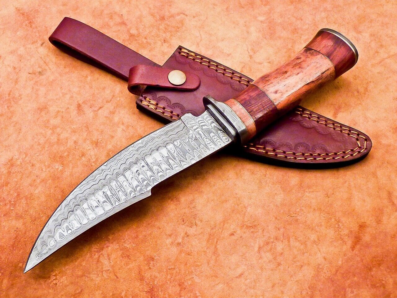 12" Damascus Steel Bowie Knife with Camel Bone Handle – Handmade by Heritage Forge