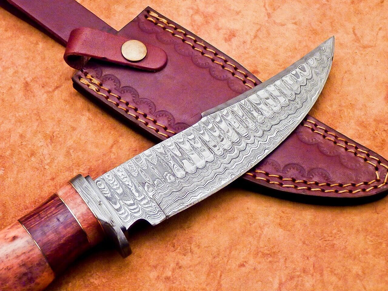 12" Damascus Steel Bowie Knife with Camel Bone Handle – Handmade by Heritage Forge