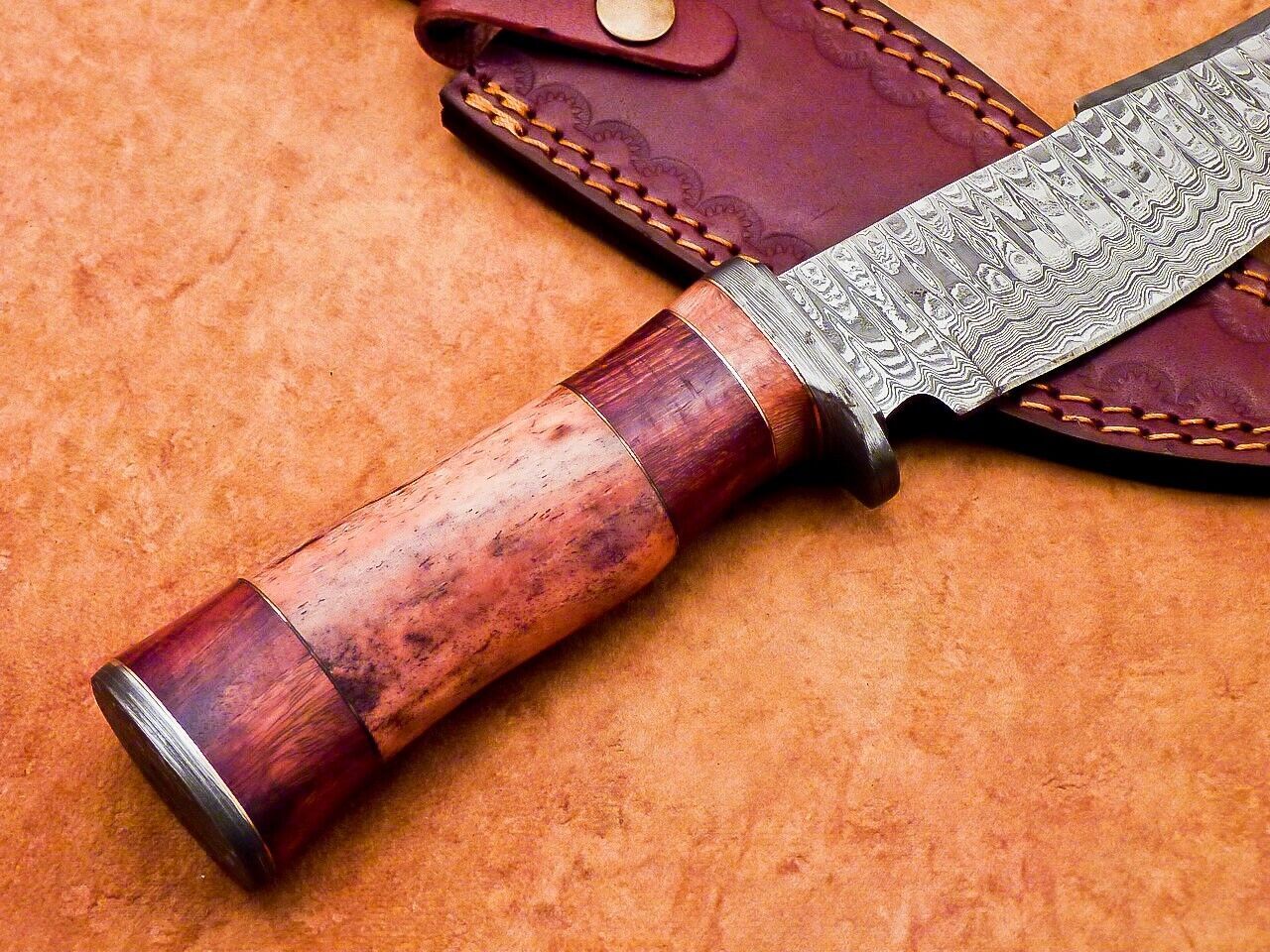 12" Damascus Steel Bowie Knife with Camel Bone Handle – Handmade by Heritage Forge