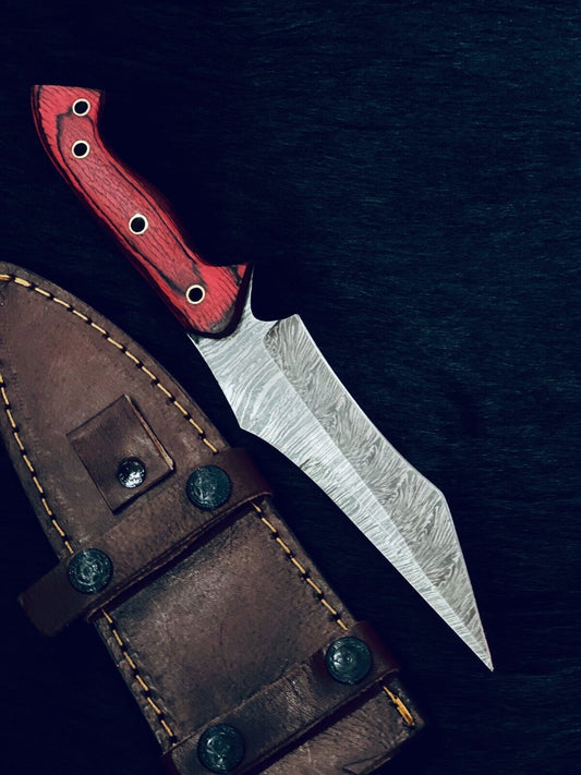 10.25" Fire Damascus Tanto Knife – Bone & Wood Handle with Brass Spacers