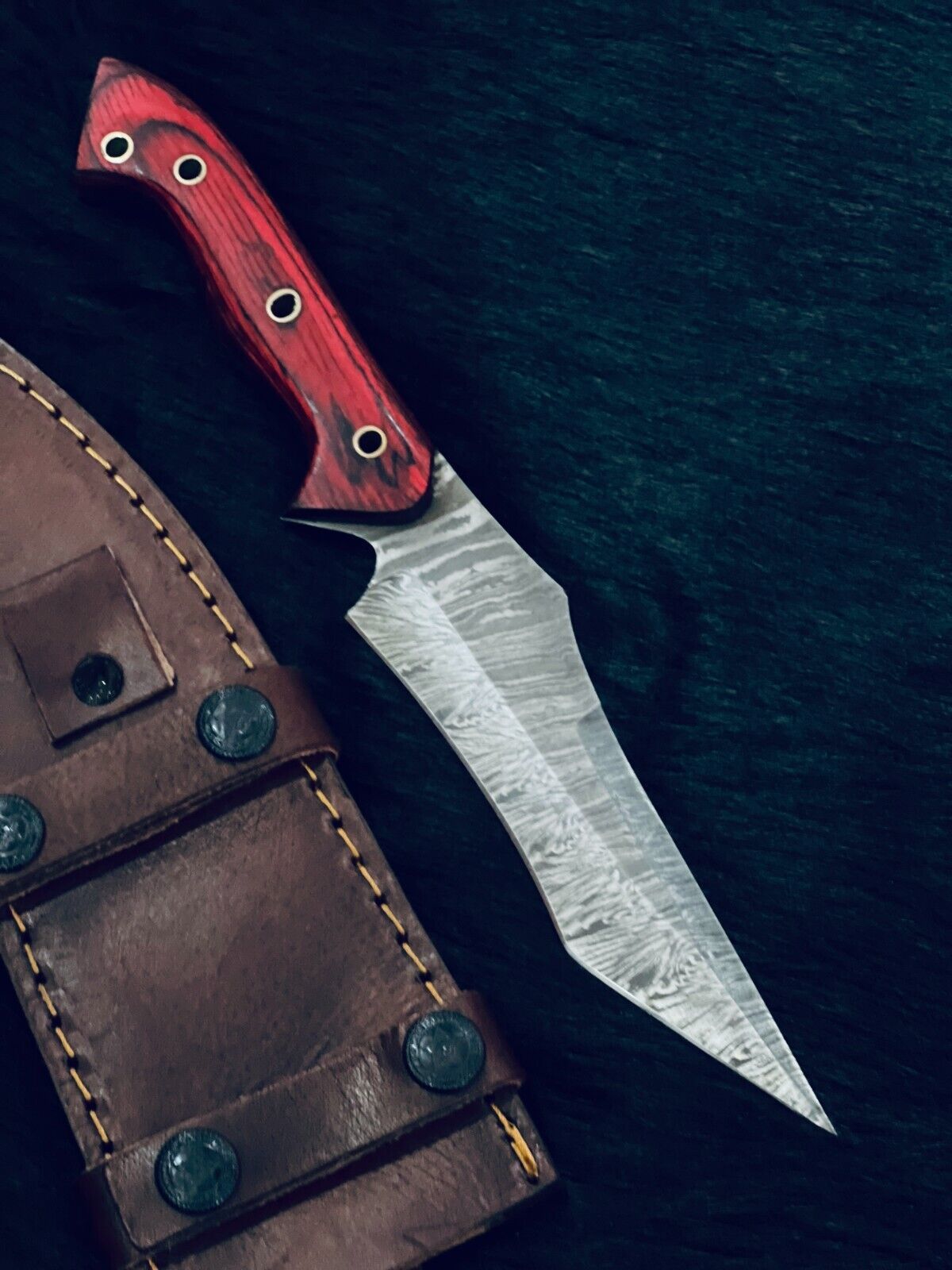 10.25" Fire Damascus Tanto Knife – Bone & Wood Handle with Brass Spacers