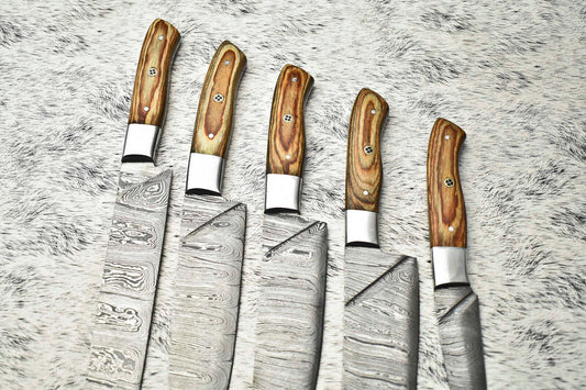 Custom 5-Piece Handmade Damascus Steel Chef Knife Set | Full Tang Kitchen Knives