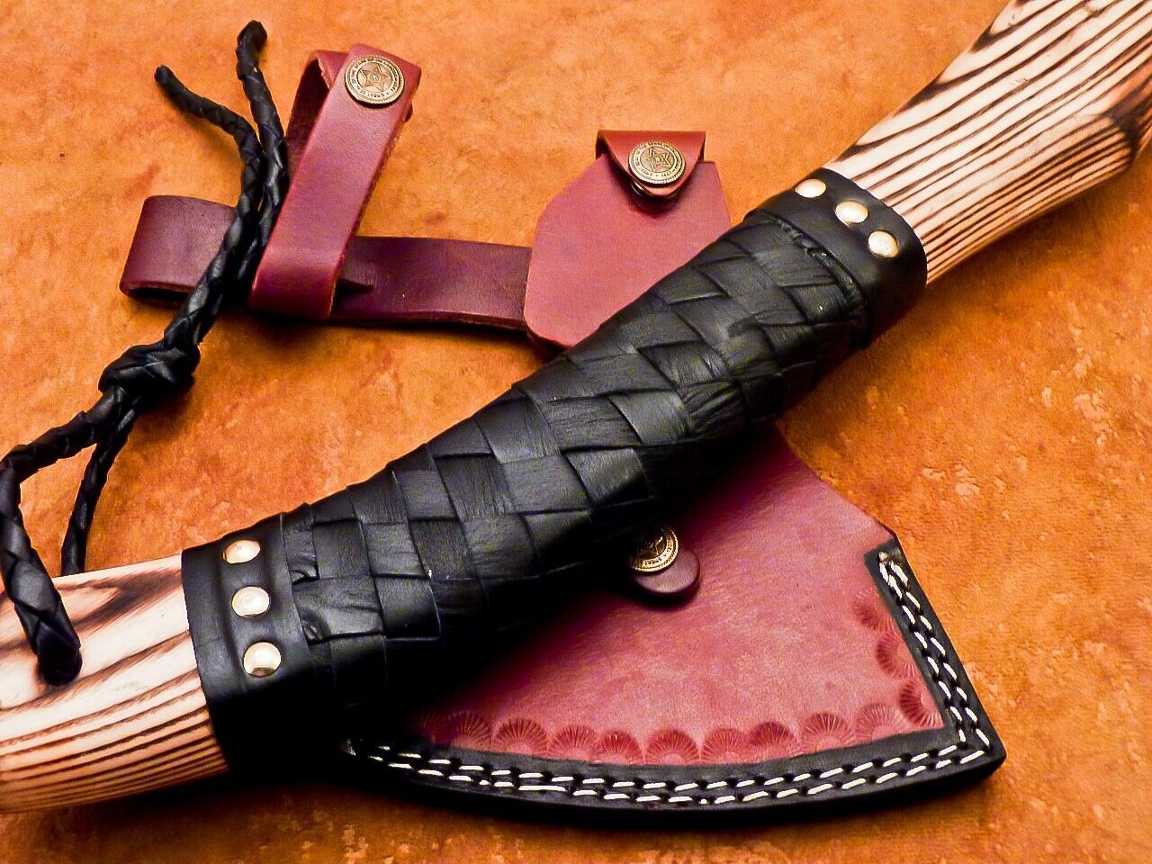 Hand Forged Steel Viking Bearded Camping Hatchet Tomahawk Axe with Natural Wood Handle and Leather Sheath