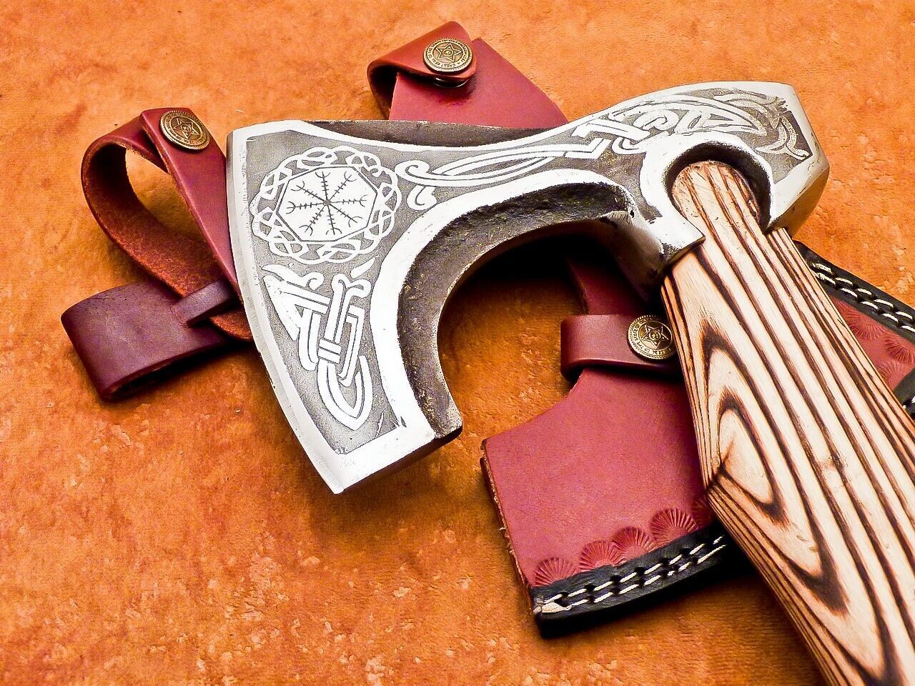 Hand Forged Steel Viking Bearded Camping Hatchet Tomahawk Axe with Natural Wood Handle and Leather Sheath