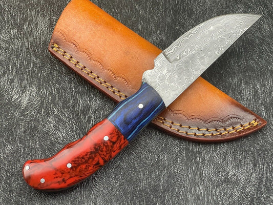 8 Inch Custom Handmade Damascus Bowie Knife with Resin and Hardwood Handle