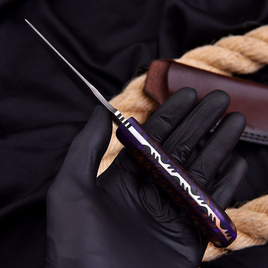 8" Hand Forged Damascus Steel Hunting Tracker Knife | Pine Cone Resin Handle & Leather Sheath