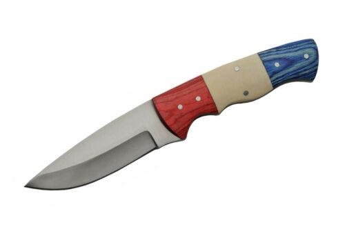 Hunting Skinner Knife | 3.5" Stainless Steel Blade | Red White Blue Bone-Wood Handle | Full Tang with Leather Sheath