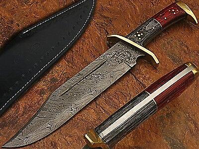 17" Damascus Steel Rattler Bowie Knife with Frost Wood Handle & Leather Sheath