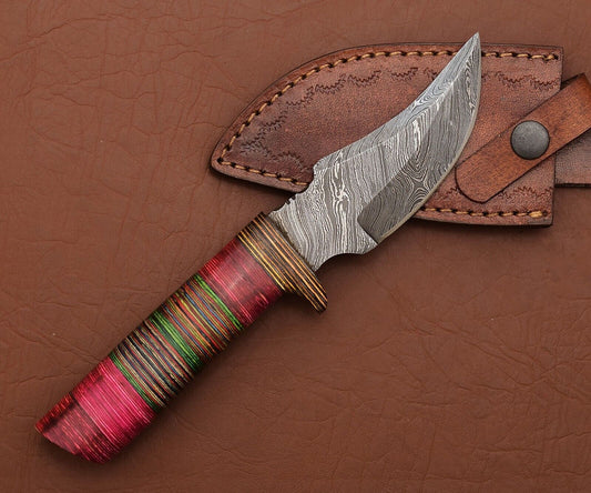 Damascus Steel Skinner Knife with Pakka Wood Handle and Leather Sheath
