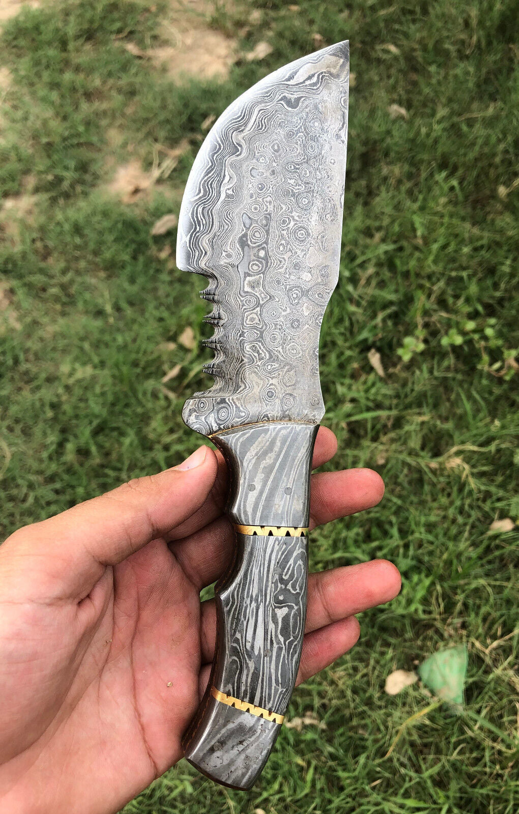 Custom Handmade Damascus Tracker Knife – Full Tang with Forged Damascus Steel Handle and Leather Sheath