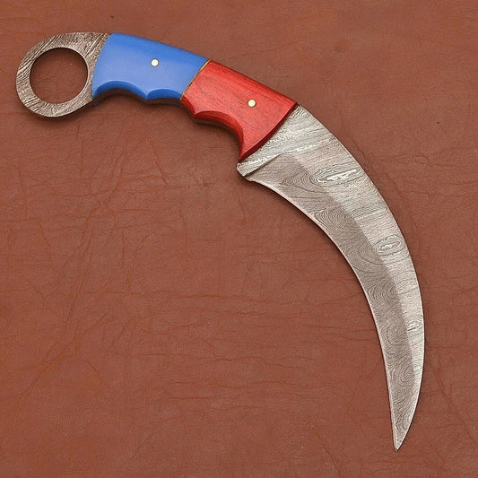 Custom Handmade Damascus Karambit Damascus Steel Hunting Knife with Wood and Resin Handle