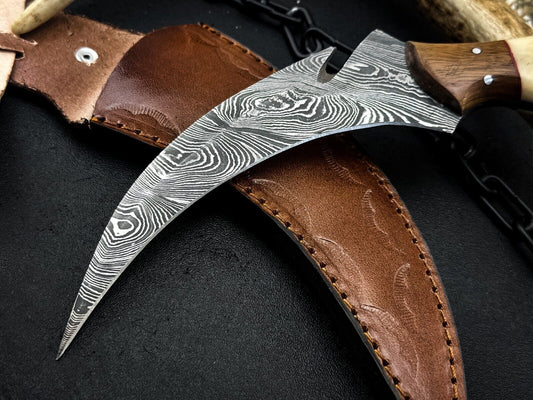 8" Handmade Damascus Karambit Knife Damascus Steel Knife with Bone and Wood Handle