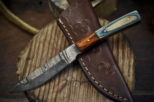 Compact Twist Damascus Skinner Knife Hardwood Handle Wooden Bolster Tactical Use