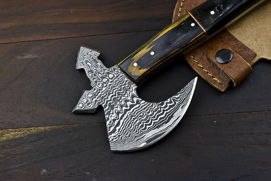 Custom Handmade Damascus Steel Hunting Axe Knife Ram's Horn Handle Clever Chopper with Leather Sheath