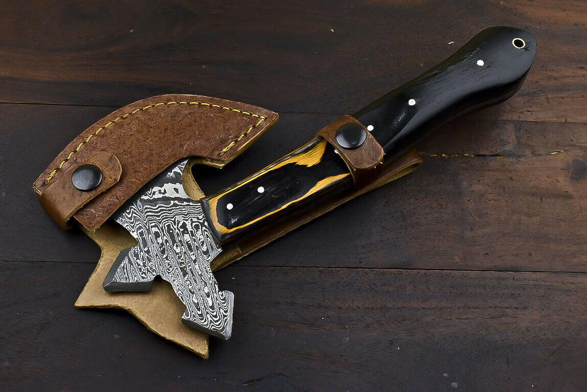 Custom Handmade Damascus Steel Hunting Axe Knife Ram's Horn Handle Clever Chopper with Leather Sheath