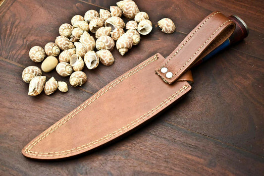 13" Damascus Steel Bowie Knife | Camel Bone Handle & Leather Sheath