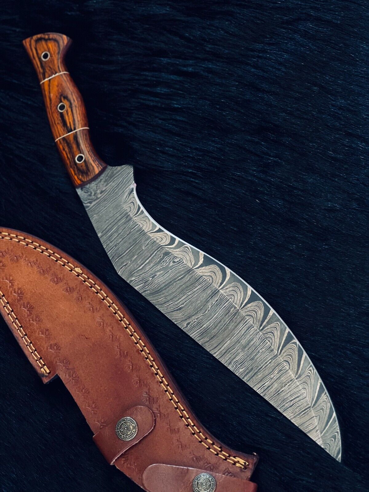 Heritage Forge 15 Inch Damascus Steel Kukri Knife with Camel Bone and Wood Handle