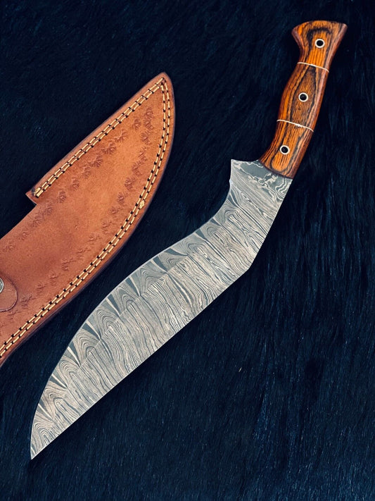 Heritage Forge 15 Inch Damascus Steel Kukri Knife with Camel Bone and Wood Handle