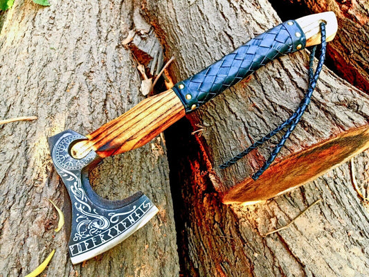 Handmade High Carbon Steel Vikings Axe | Hatchet with Leather Wrap