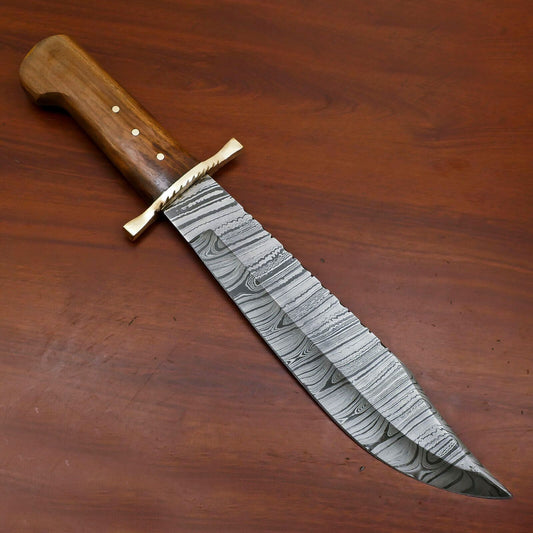 Heritage Forge Custom Handmade Damascus Steel Bowie Hunting Knife with Wood Handle