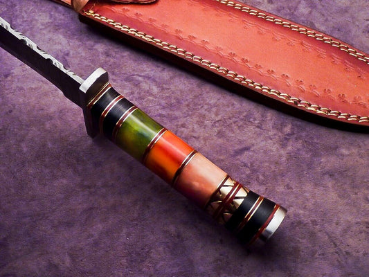 Custom Damascus Steel Camping Bowie Knife with Stained Camel Bone Handle