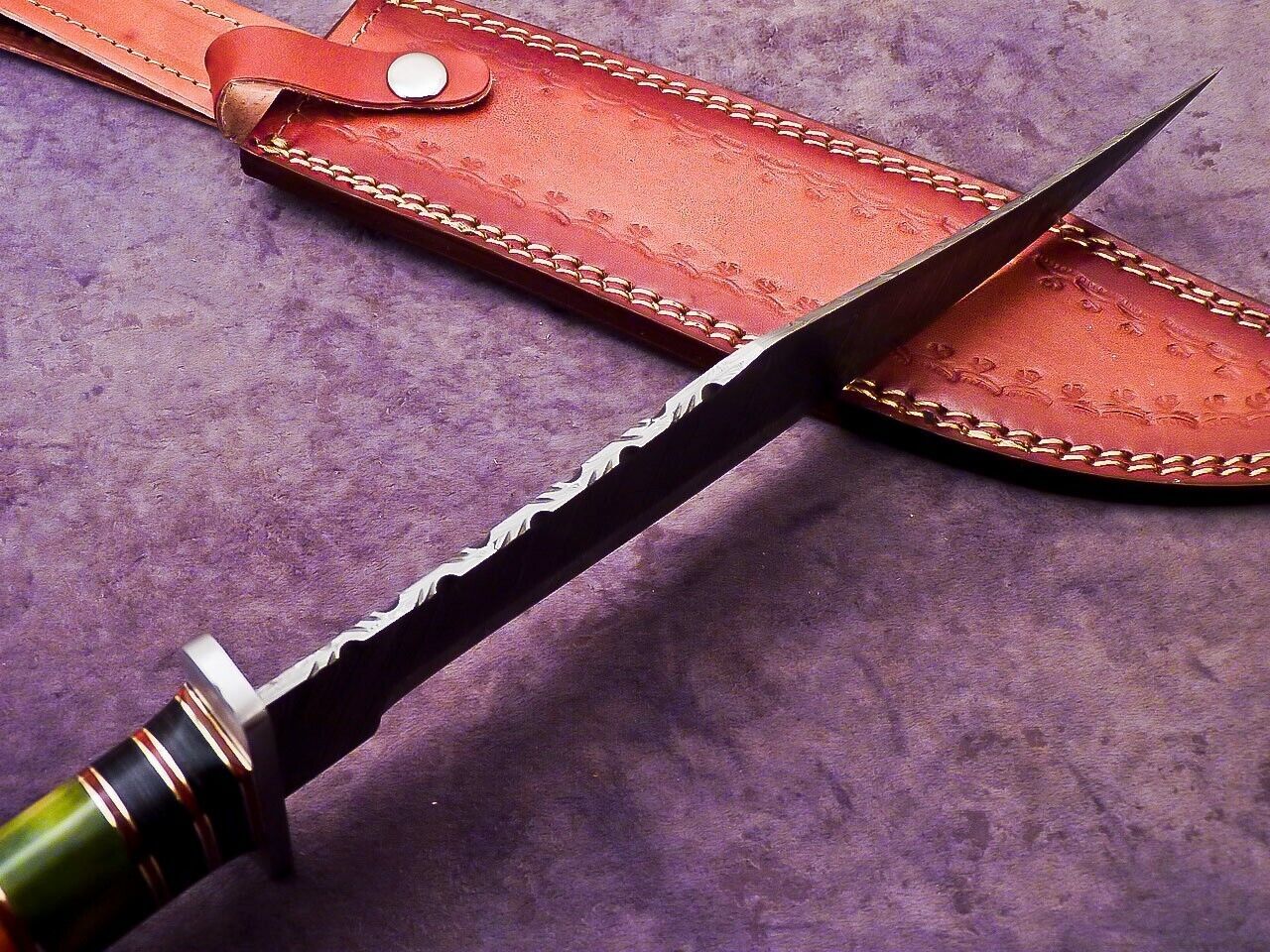 Custom Damascus Steel Camping Bowie Knife with Stained Camel Bone Handle