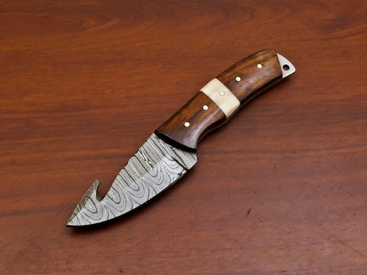 Handmade Damascus Gut Hook Hunting Knife with Camel Bone and Rosewood Handle