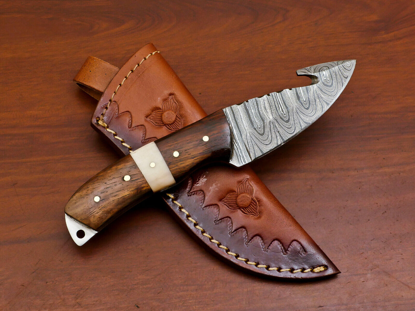 7" Damascus Gut Hook Bowie Knife – Camel Bone & Rosewood Handle
