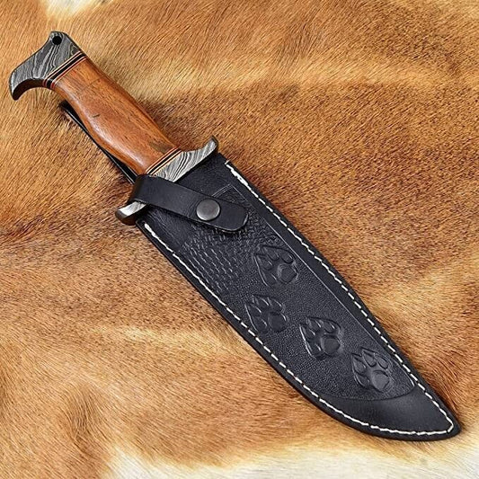 Heritage Forge Handmade Damascus Steel Bowie Hunting Knife with Wood Handle and Sheath