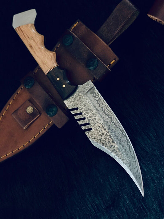 11" Rain Drop Damascus Steel Bowie Hunting Knife – Camel Bone & Wood Handle