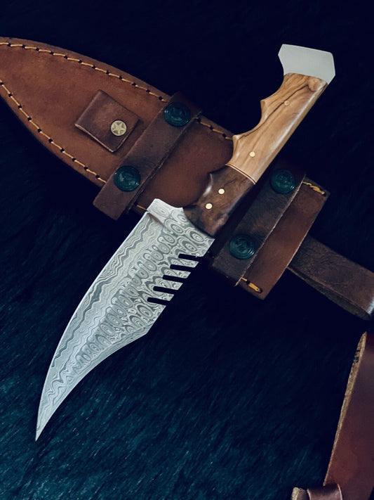 11" Rain Drop Damascus Bowie Knife – Camel Bone & Wood Handle