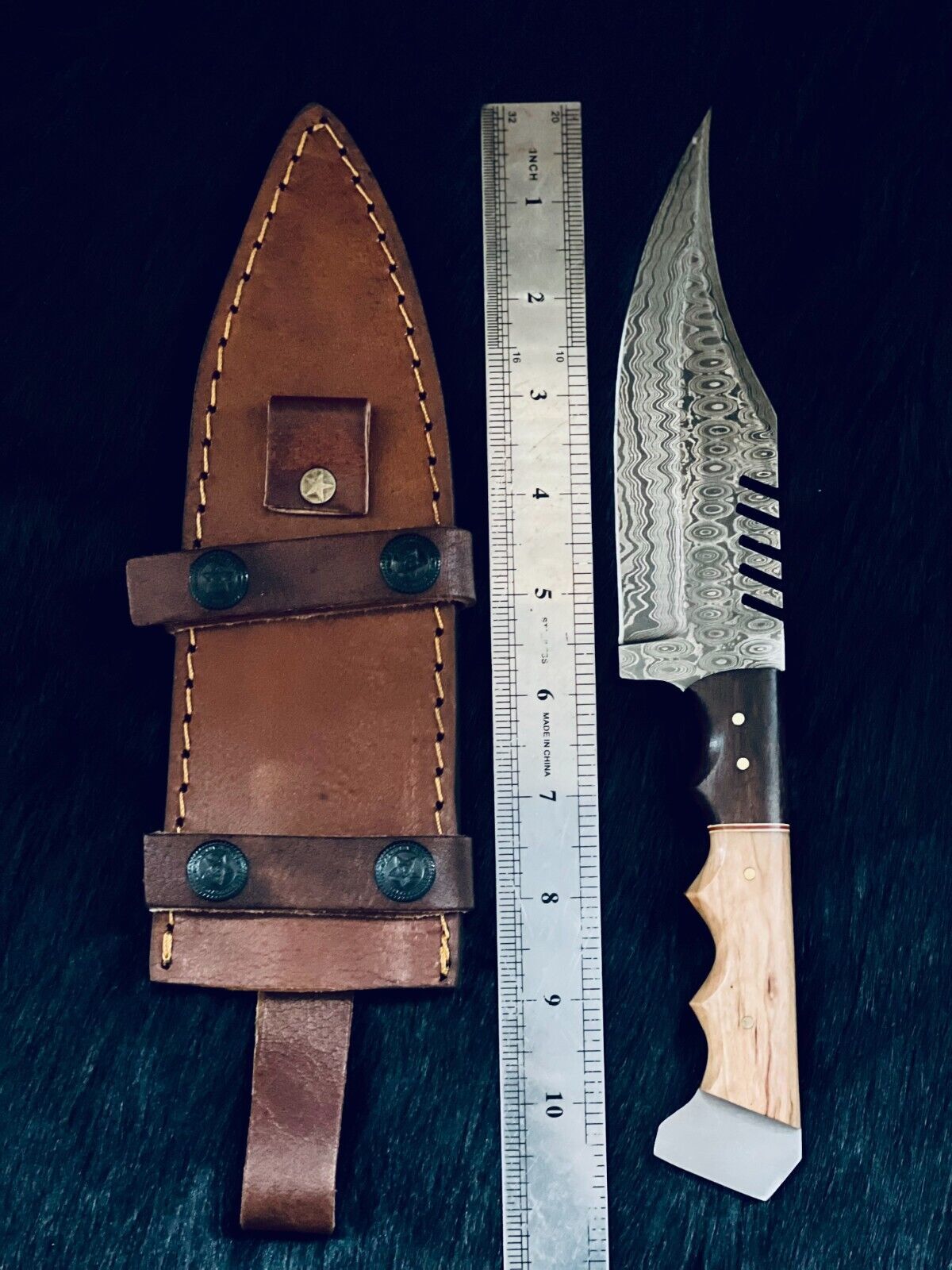11" Rain Drop Damascus Bowie Knife – Camel Bone & Wood Handle