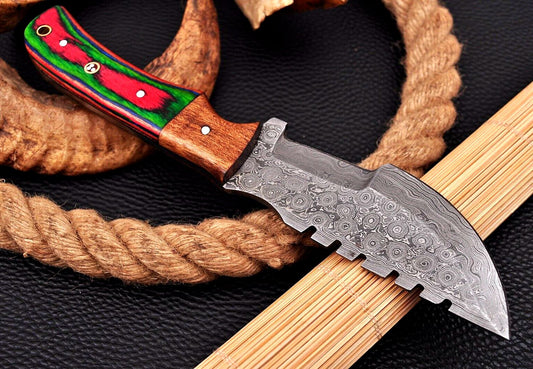 Custom Handmade Damascus Steel Hunting Tracker Knife – Compact Hand-Forged Survival Knife with Leather Sheath
